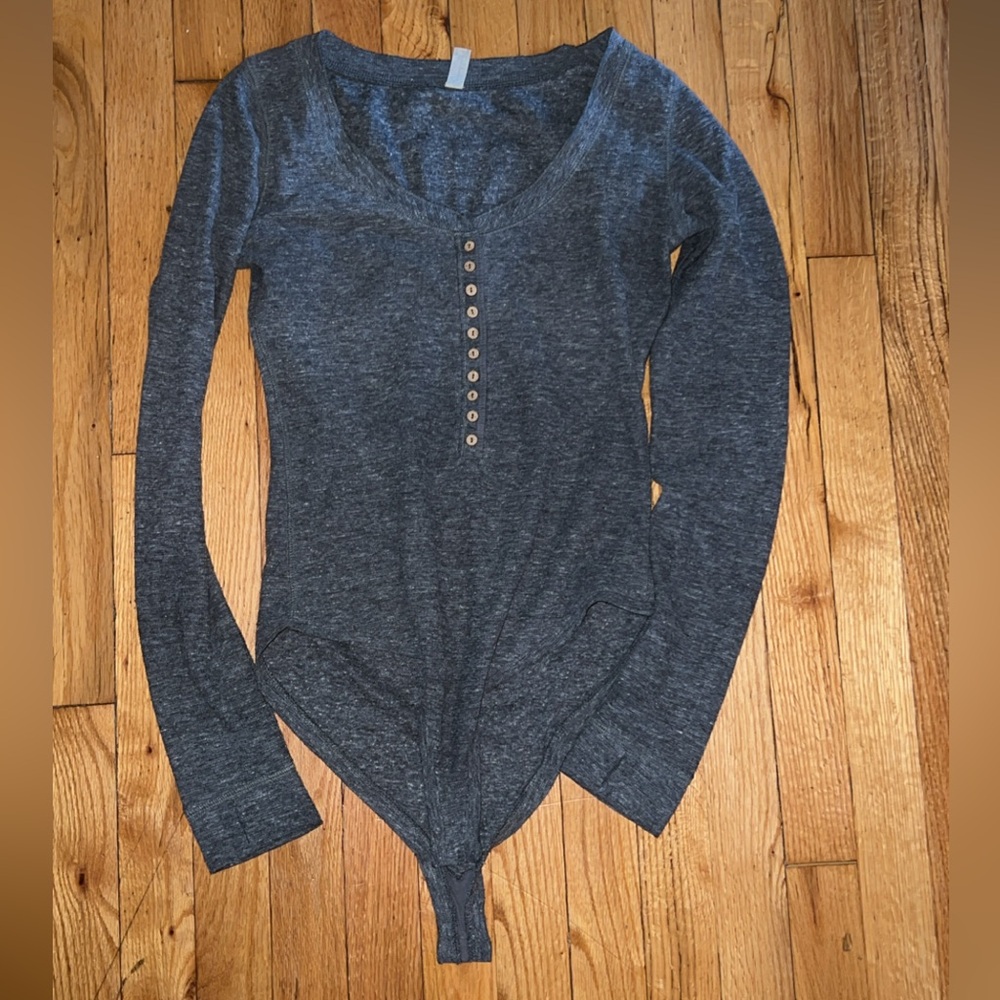 Free People Gray Long Sleeve Fitted Bodysuit